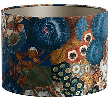 Lampenschirm Zylinder in Velours mit Blumen Motiven in Blau für Tischleuchte Tischlampe 25-25-18