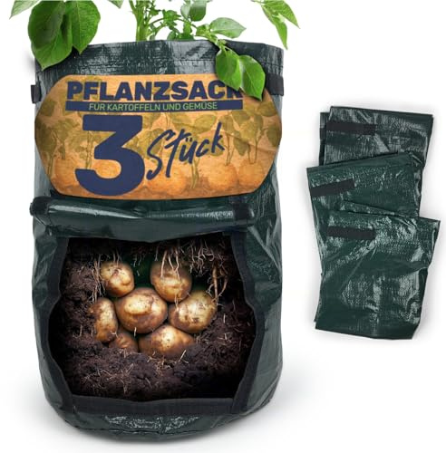 Gravidus Kartoffel Pflanzsack 40 Liter – Einfacher Gemüseanbau, Ösen gegen Staunässe, praktischer Handgriff und Folienklappe, aus strapazierfähigem Kunststoff (Grün, Ø 30 x 43 cm) (3 Stück)
