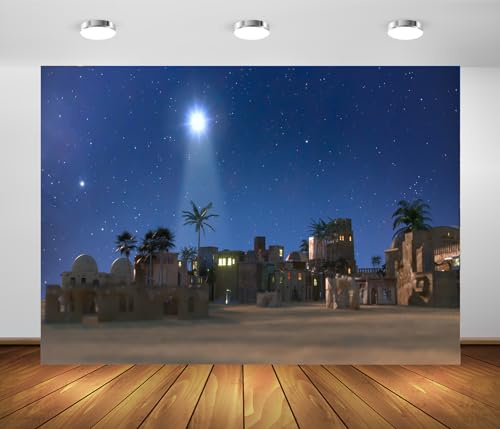 BELECO 3.5x2.5m Stoff-Krippenhintergrund mit Weihnachtsstern, Weihnachtskrippe von Jesus Christus, Bethlehem, Stadtdorf, Hintergrund, Stern von Bethlehem, religiöse Kirche, Weihnachtsdekoration