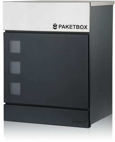 Zelsius Briefkasten Jordan mit Paketfach | pulverbeschichteter Stahl mit Edelstahl Elementen | RAL7016 Anthrazit | integrierte Rückholsperre | Wand- oder Ständermontage | Paketbriefkasten