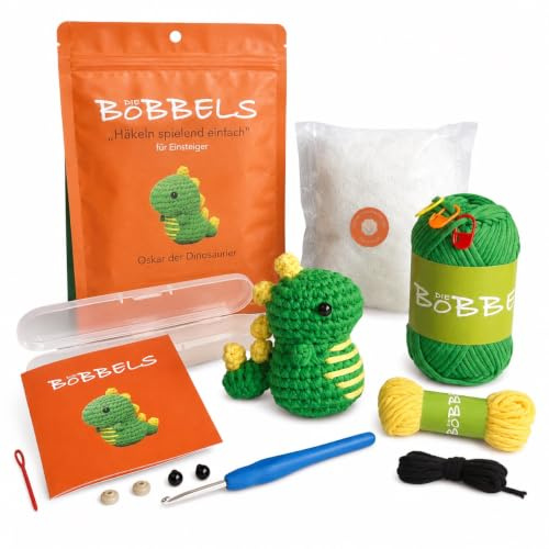 Die Bobbels“ Einsteiger Häkelset für Anfänger mit kinderleichtem Garn, Hilfsmitteln und Schritt-für-Schritt Videoanleitung (Dinosaurier)