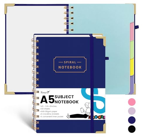 Koogel Hardcover-Spiralbuch mit Tabs, 5 Fächer, A5, Kompositions-Notizbuch, 14 x 20 cm, blau liniert, Tagebücher mit Trennblättern, für Frauen, Geschenk, Büro, Schule