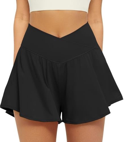 Friptspyg Hosenrock Damen Kurze Sporthose Damen Sport Shorts Kurz Laufshorts 2 in 1 mit Tasche V High Waist Sommer Stretch Tennis Shorts, Schwarz L