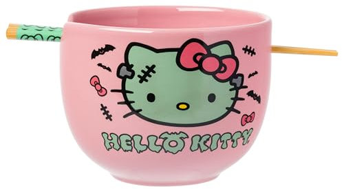 Silver Buffalo Sanrio Hello Kitty Halloween Spooky Frankenstein Ceramic Ramen Bowl with Chopsticks, Microwave Safe, 20 Ounces
