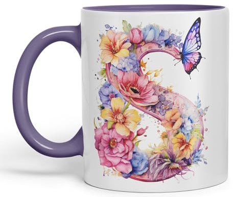 Vixar Taza de cerámica con diseño de letra S, flores y mariposas, letras del alfabeto S, monograma de acuarela, taza de cerámica de colores para té, café, infusión caliente, 330 ml, regalo (morado)