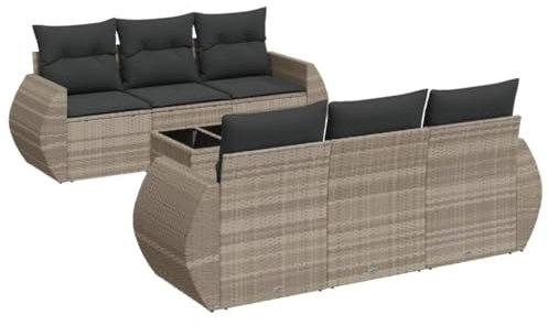 vidaXL Garten Sofagarnitur mit Kissen 7-TLG., Gartenmöbel Gartengarnitur, Sitzgruppe Sitzgarnitur, Lounge Sofa Garnitur Terrasse, Hellgrau Poly Rattan