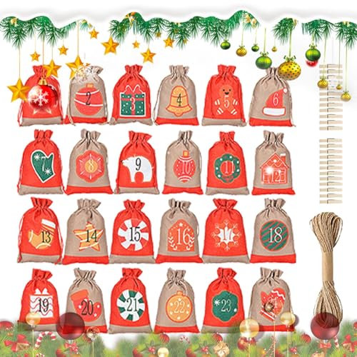 Jutebeutel für Weihnachtsgeschenke – Jutebeutel für den Weihnachtssack, Jutebeutel für den Weihnachts-Countdown | 24X Weihnachts-Advents-Countdown-Kordelzugbeutel
