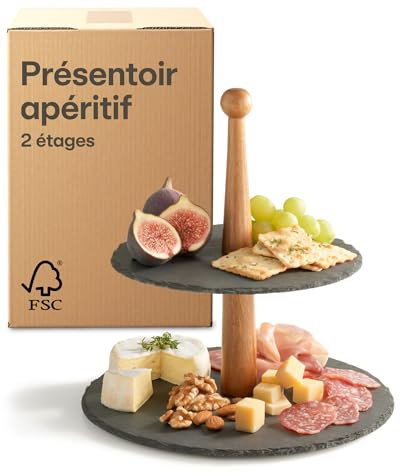 Praknu Expositor de Tapas de 2 Niveles en Pizarra y Madera de Acacia FSC® – Soporte Redondo para Postres, Frutas y Tartas – Perfecto para Fiestas y Decoración