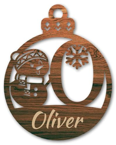 Urhome Weihnachtskugel personalisiert mit Wunschtext Gravur Buchstabe O mit Schneeman Motiv Dunkel Braun - Ornament Christbaumschmuck Weihnachtsdeko Weihnachtsbaum Anhänger aus 6,5mm Holz