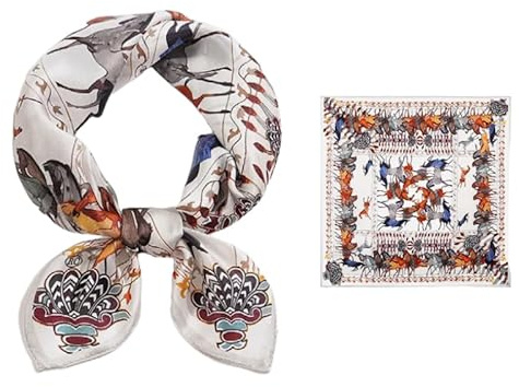 GIMIRO Schal aus imitierter Seide [53 x 53cm] Seidenschal für Damen Geometrisches Blumenmuster Weiß-Blau-Orange Quadratisch (Silver Horses)