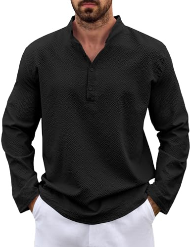 Lishang Camicia Lino Uomo Manica Lunga Camicie Estiva Casual con Bottoni Shirts Collo Coreana Tinta Unita Camicia da Spiaggia Regolare Classiche