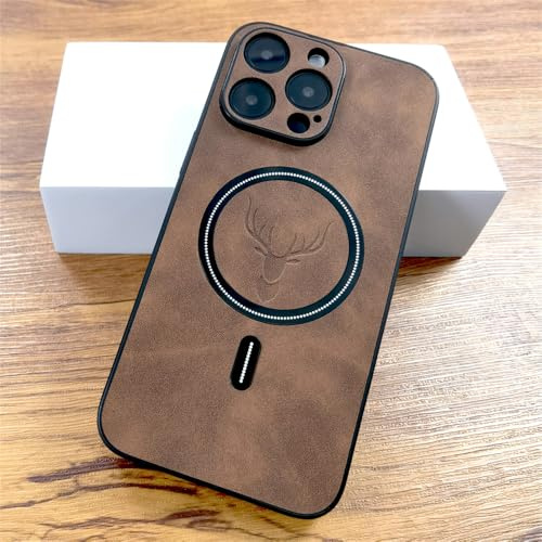 VFDHN PU-Lederhülle mit Hirschmotiv für iPhone 16 15 14 13 12 11 Pro Max Plus 15Pro 14Pro 13Pro Pro Max Kabellose Ladehülle, Dunkelbraun, Für iPhone15 Pro Max