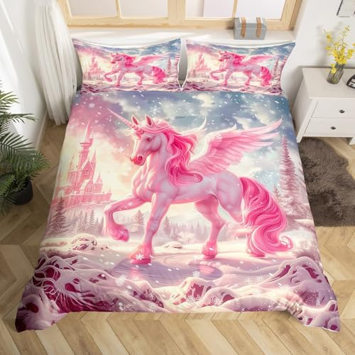 Erosebridal Girls Pink Unicorn Duvet Cover Twin,Kids Dreamy Castle Comforter Cover for Teens Adults,Kawaii White Horse Bedding Set,Geometric Snowflake Bed Set(No Comforter)