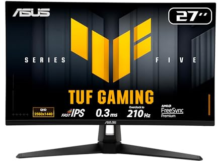ASUS TUF Gaming 68,6 cm (27 pollici) 1440P Monitor (VG27AQ5A) - QHD (2560 x 1440), 210 Hz (OC), 0,3 ms, IPS, Extreme Low Motion Blur Sync, FreeSync Premium, Altoparlante, DisplayWidget Center