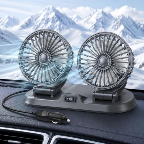 Shengruili Auto Ventilator,12V Doppelkopf Ventilator Auto,360 ° Drehbarer Doppelköpfiger Ventilator,Auto Kfz Lüfter,Autolüfter,Auto Ventilator für Rücksitz,RV, LKWs, SUV