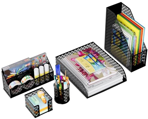 Solinxe Set d'organisation de Bureau en métal - Bac à Documents A4 Bac à courrier Porte-Crayons Porte-Lettres et Porte-Notes adhésives, Noir