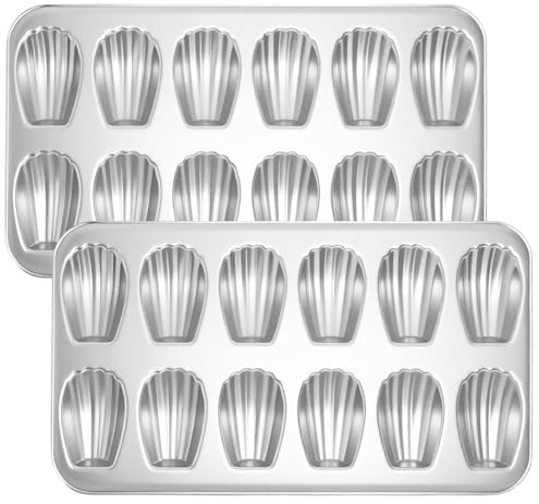 Madeleine Pans Set of 2, Nonstick 12-Cavity Madeleines Mold Cookie Tray for Baking, Heavy Duty Warp Resistant Cute Shell Shape Madeleine Mold Cake Pan - Silver