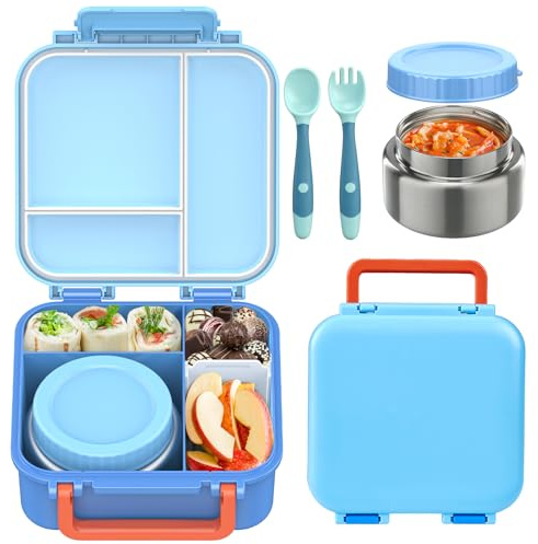 BEAQUEE Bento Box for Kids with Soup Thermos(9oz)– Kid Bento Lunch Box with Leak Proof Insulated Food Jar, Hot & Cold Lunch Container Set for School Girls Boys, 4-Compartments, Dishwasher Safe, Blue