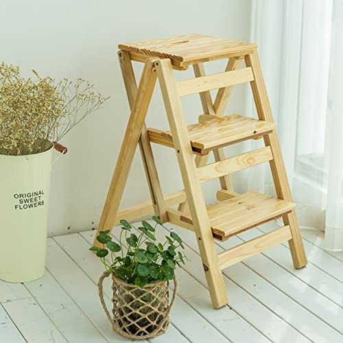 3-Step Wooden Folding Stool Solid Wood Dual-Use Step Ladder & Flower Stand Portable Indoor/Outdoor Shoe Bench Multifunctional Home Decor & Utility.