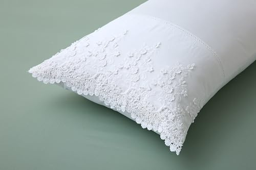 White Lace Pillow Shams with Embroidered 3D Flowers Retro Noble Luxury Elegant Look Pillowcases 100% Cotton Queen Size 2-Pack