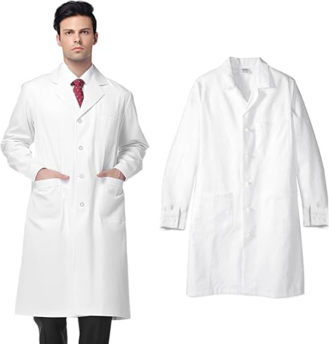 KEWUF Weißer Laborkittel Ärztemantel Damen Herren Laborkittel Chemie Kittel Labormantel Schutzkleidung für Labor Mantel Hygiene Langarm Medizin Mantel mit Knöpfen und Tasche Kittel Junge Mädchen, L