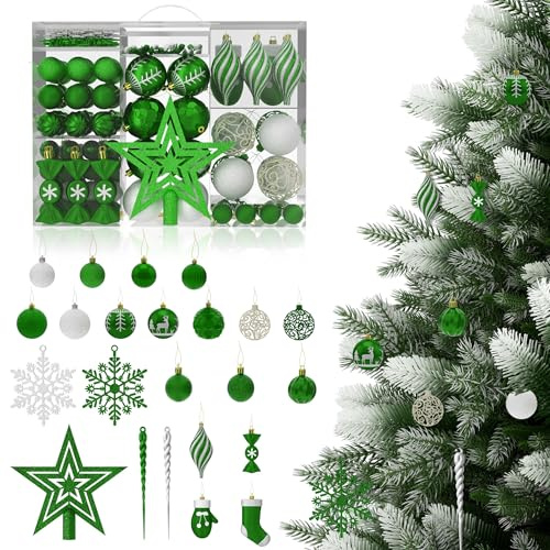 YUENFONG 138er Set Weihnachtskugeln Kunststoff Christbaumkugeln, Weihnachtsdeko Matt Glänzend mit Baumspitze Stern, Weihnachtsbaumkugeln Deko Christbaumkugeln, Dunkelgrün