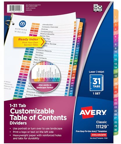 Avery 1-31 Dividers for 3 Ring Binders, 31 Tabs per Set, Customizable Table of Contents, Multicolor Tabs, Great for Organizing Reports, Projects, and More (11129)