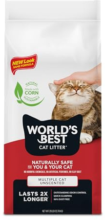 WORLD'S BEST CAT LITTER Multiple Cat Unscented, 28-Pounds - Natural Ingredients, Quick Clumping, Flushable, 99% Dust Free - Long-Lasting Odor Control & Easy Scooping