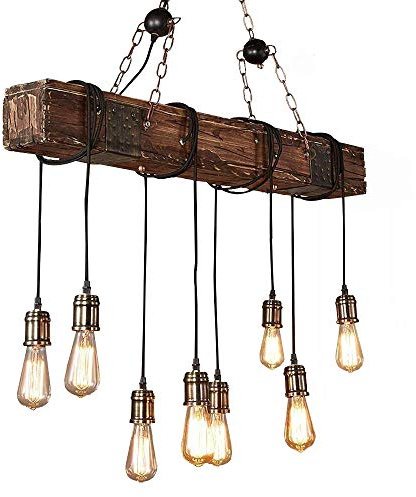 Pendelleuchte Holz Höhenverstellbar Hängelampe Vintage Kronleuchter Schwarz Hängeleuchte Industrial Retro Metall für E27 Leuchtmittel Pendellampe geeignet für Wohzimmer Esstisch Küche Wohnzimmer