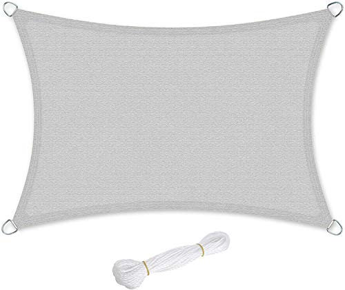 SONGMICS Vela de Sombra de 3 x 5 m, Tejido HDPE de Protección Solar, Transpirable, Permeable al Agua, Terraza, Jardín, Balcón, Camping, Rectangular, Cóncava, Cuerdas de 2 m, Gris Claro GSS35QY