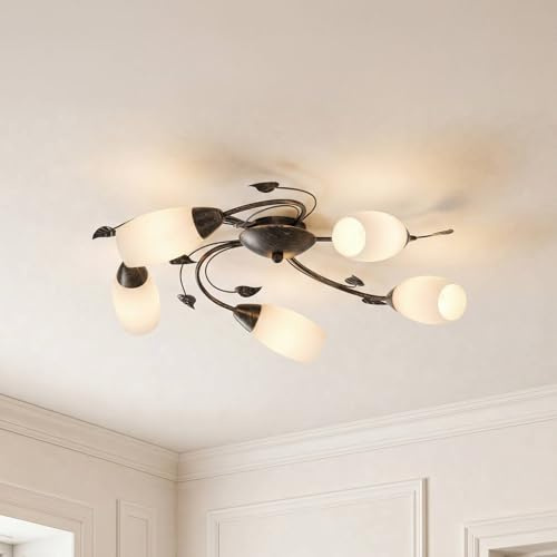 Lindby Glas Deckenlampe Florentiner Stil, Deckenstrahler Landhaus schwarz gold gebürstet ohne Leuchtmittel Deckenleuchte Küche Wohnzimmer Esszimmer