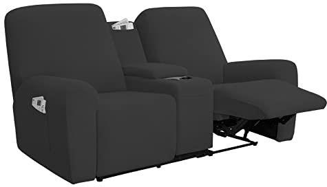 Easy-Going Stretchbezug für Liegestuhl mit Mittelkonsole, Sofa-Schonbezug, weiches Fleece, 2-Sitzer, Couch mit Halterung und Aufbewahrung, waschbarer Möbelschutz, Dunkelgrau