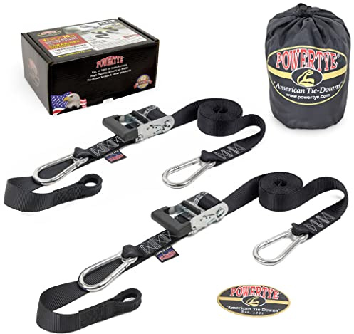 PowerTye 1.5 inch x 10ft Extra Long Ratchet Tie Down Straps, Heavy Duty with Carabiner Hooks, Soft-Tye & Bag, for Motorcycle, ATV & Cargo - 1,000 lb WLL - Made in USA - Black/Black Pair