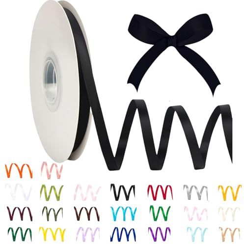 91 m dünnes schwarzes Satinband, 6 mm, einfarbig, Stoffband, Seidensatin-Rolle, schwarzes Geschenkband und Schleifen für Geschenkverpackungen, Heimwerken, Basteln, Haare, Weihnachtsschleifen, Kuchen
