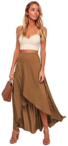 Odizli Gonna avvolgente da donna, elegante, a vita alta, elastica, estiva, lunga con spacco, marrone, L