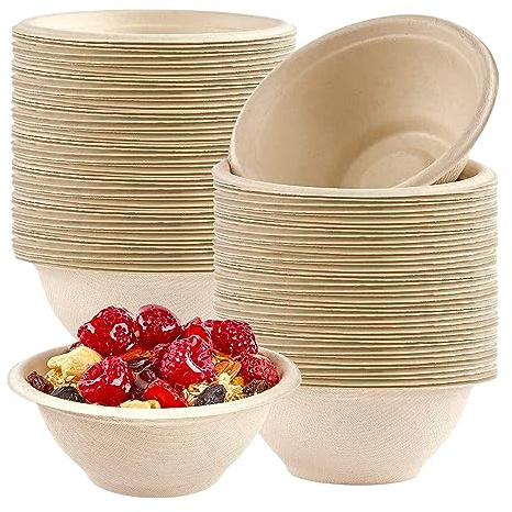 YAAVAAW 100 Bols Jetables 220ml Bol en Canne à Sucre,Bol en Carton Krafte,Compostable Vaisselle Jetable Canne à Sucre Bols en Papier pour Pique-niques,Fêtes,Maison les Aliments Chauds et Froids