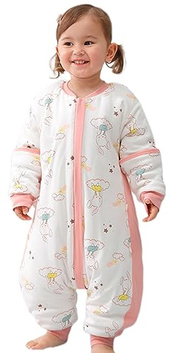 Baby Winterschlafsack nit Füßen 3.5 Tog Kleinkind Schlafen Sack mit Beinen ReißVerschluss Pyjama Säugling Gehen Baumwolle Tragbare Decken mit Abnehmbaren Ärmeln Kaninchen 3-6 Monate