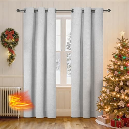 Ystyle Tende Oscuranti 100% Per Interni 2 Pezzi, 140x240cm, Effetto Lino Termiche Isolanti Freddo E Caldo Anti-Rumore, Tende Natalizie Soggiorno Camera Letto Moderne Con Anelli, Grigio Bianco