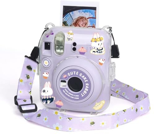 Berfea Étui de protection transparent en cristal compatible avec l'appareil photo instantané Polaroid Fujifilm Instax Mini 12 avec bandoulières, autocollants et poche de rangement pour photos
