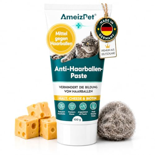 Ameizpet Malta para Gatos Bolas de Pelo, Pasta con Malta - Suplemento para Gatos de Pelo Largo y Corto con Taurina y Queso, 100g (3.52 Oz)