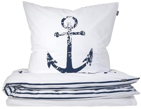 Schiesser Bettwäscheset Marina | 2-teilig | Maritim | Renforcé | 100% Baumwolle | Oeko-Tex Zertifiziert | Reißverschluss | 135x200cm + 80x80cm | Weiß