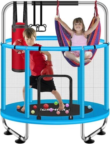 ZCMHAXJ 55 Trampoline for Kids with Enclosure, 440lbs Capacity Indoor & Outdoor Toddler Trampoline with Adjustable Gymnastics Bar & Toys, Gifts for Boys & Girls