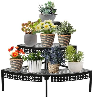 BAOYOUNI Soporte de Plantas Interior Exterior, Estantería para Macetas con 3 Niveles, Forma de Abanico Estante Escalera para Flores de Acero al carbono para Balcón, Terraza, Jardín, Salón, Negro
