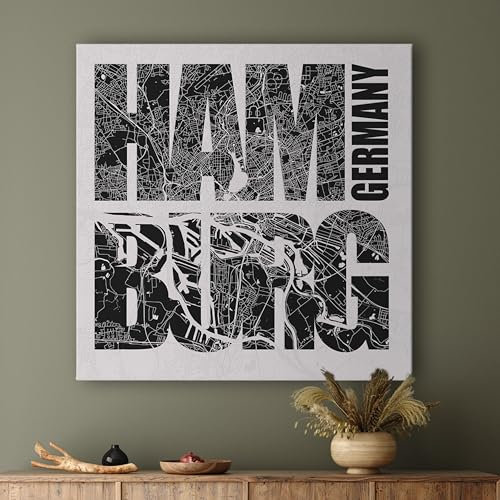 Stadtplan Hamburg mit dreidimensionaler Optik (60cm x 60cm) Strukturiertes Wandbild mit Straßenkarte mit Lettering I Abstrakte Städtebilder auf Leinwand