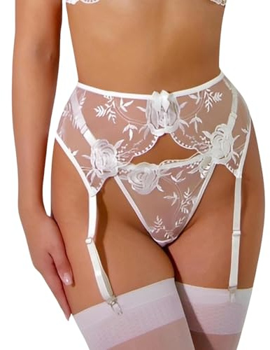 Reggicalze Donna Sexy Pizzo Trasparente con Perizoma Lingerie Maglia Floreale 4 Clip Regolabili Calze, Biancheria Intima Giarrettiere Vita Alta 2 Pezzi Mutandine Clubwear Metallo (Standard, Bianco)