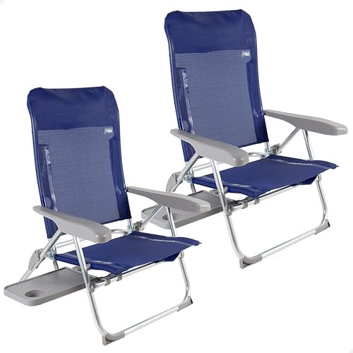 AKTIVE Lot de 2 chaises de Plage pliées Plates, très compactes, Multiposition, 6 Positions, avec Coussin et Table, poignées pour Un Transport Facile, Dimensions 47 x 57 x 89 cm, en Aluminium et