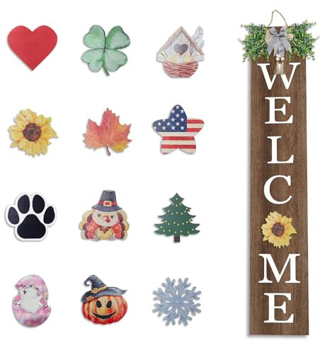 flowtorely Interchangeable Outdoor Welcome Sign for Front Porch Standing 47×8 Set of 3 Large Wood Frame with 12 Pcs Icons Vertical Tall Leaner Outside Welcome Sign for Front Door Decor (Wood)