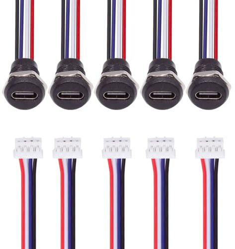 xiwai DIY OEM Lot de 5 prises femelles de type C vers en-tête 4 broches 24 AWG Pas de câble = 2,0 mm Type de montage sur panneau DC 5 V Données d'alimentation