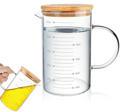 Akamino Jarra medidora de vidrio de 1 litro, taza de vidrio graduado de borosilicato transparente con boquilla en forma de V, tazas medidoras de 1000 ml con tapa hermética y asa para hornear en la