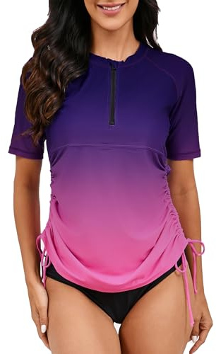 Halcurt UV Shirt Damen Kurzarm Rash Guard 1/4 Zip UPF 50+ Badeshirt S-XXL | Sonnenschutz Schwimmshirt, Verstellbare Seitenbänder, Schnell Trocknender, Atmungsaktiv, Nur Schwimmoberteil, Raglan Ärmel